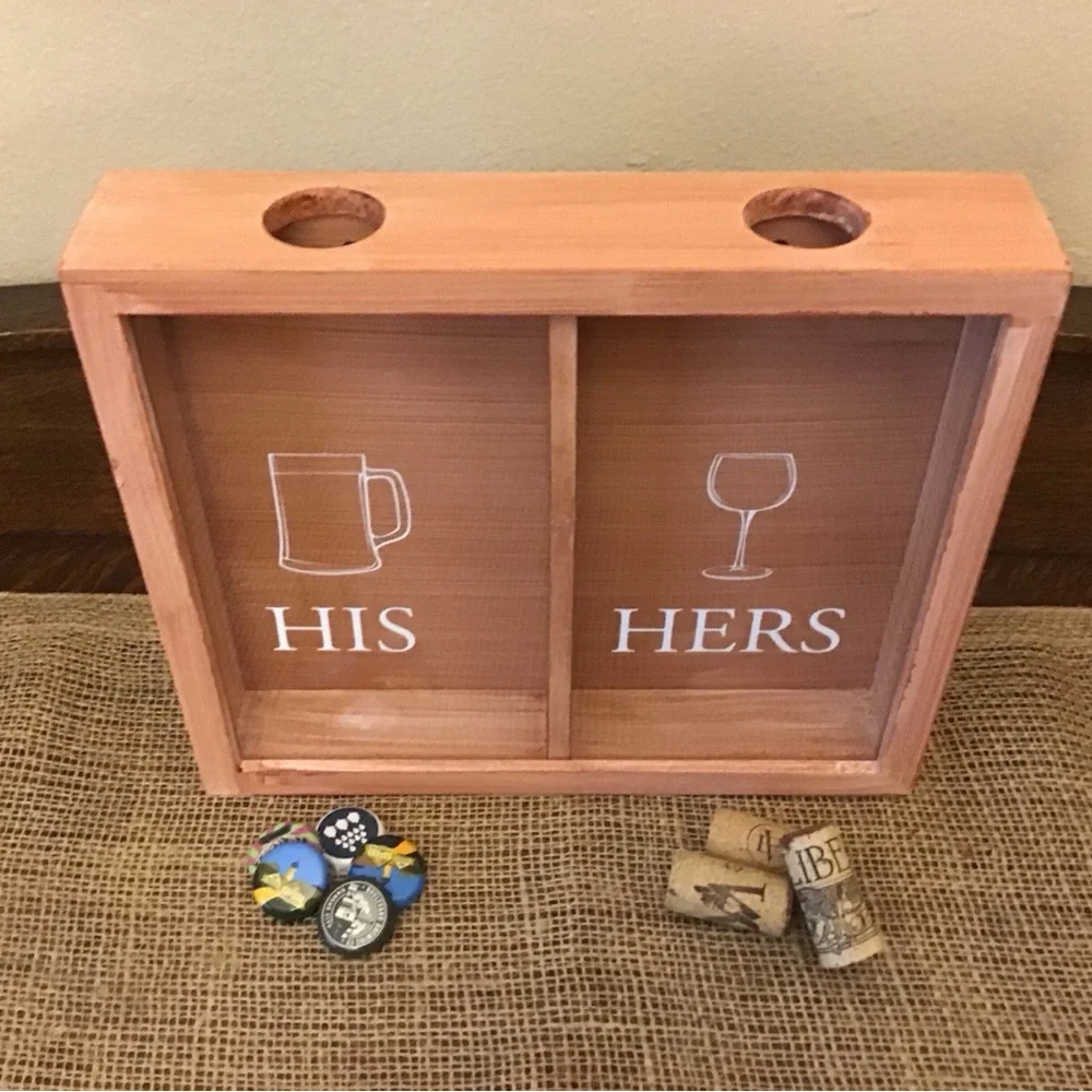 NWT His Hers Bottle Cap and Wine Cork Wooden Shadow Box